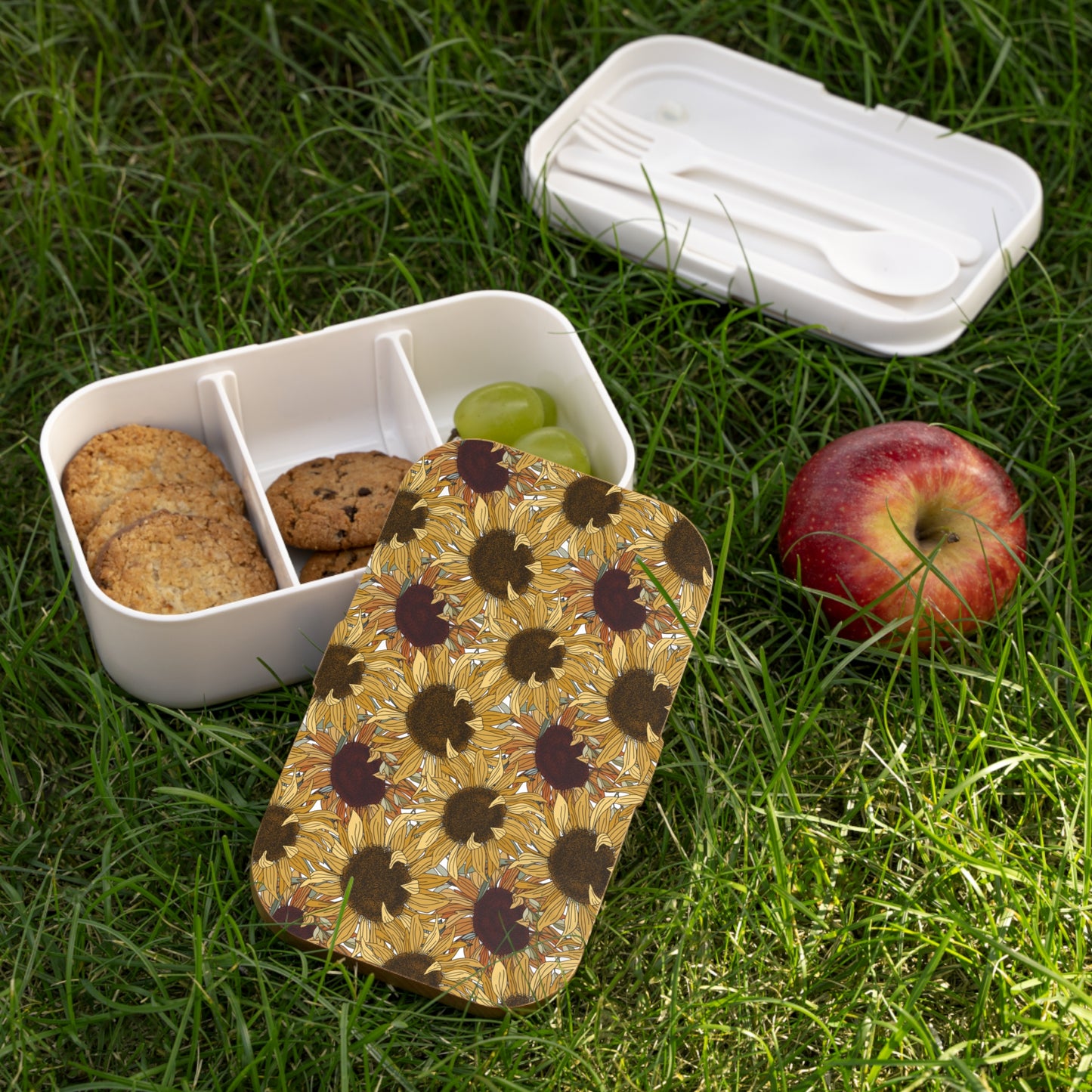 Cheerful Sunflowers Pattern Bento Box with Cutlery - Cottage Garden Decor