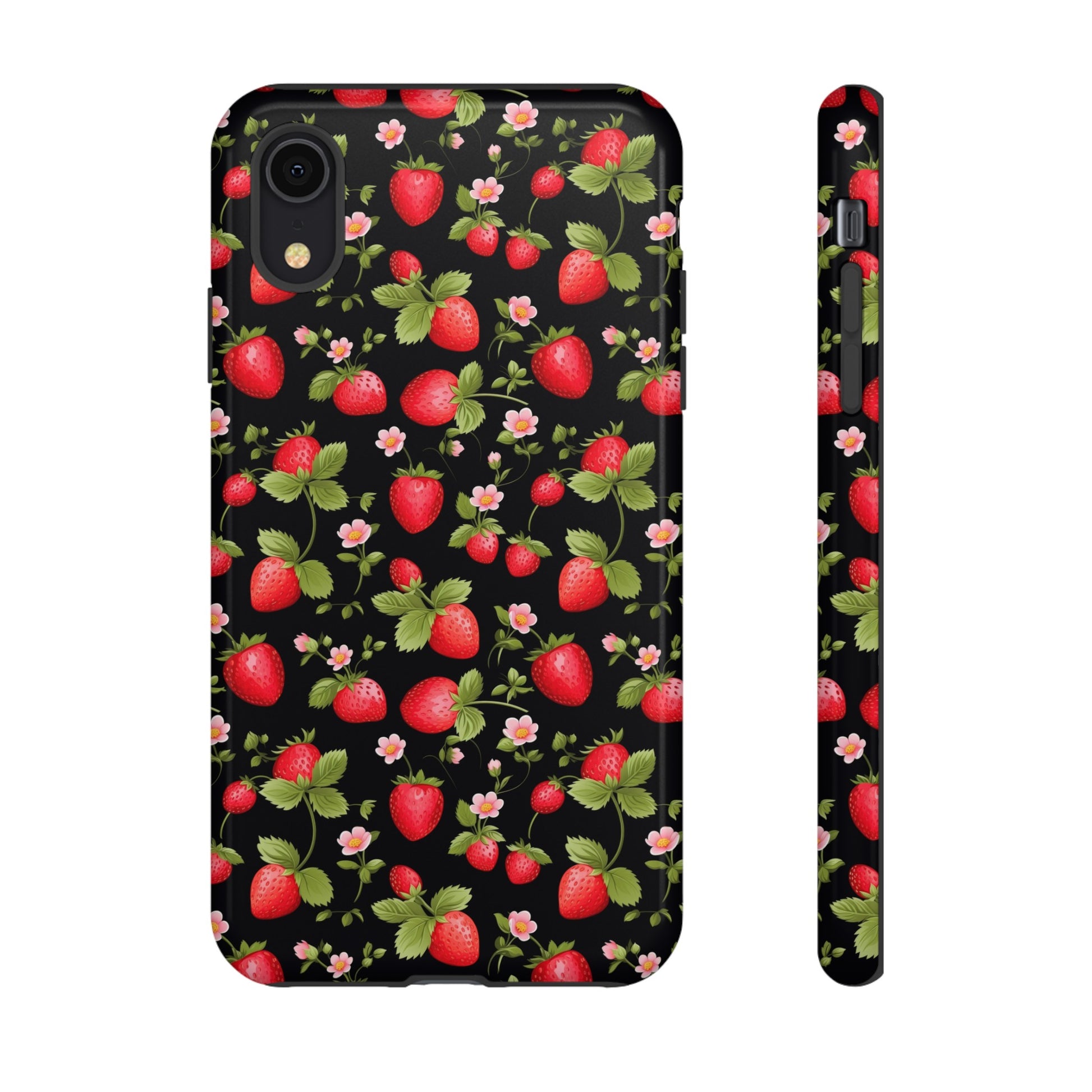 Strawberry's and Pink Flowers on Black Tough Phone Case - Cottage Garden Decor