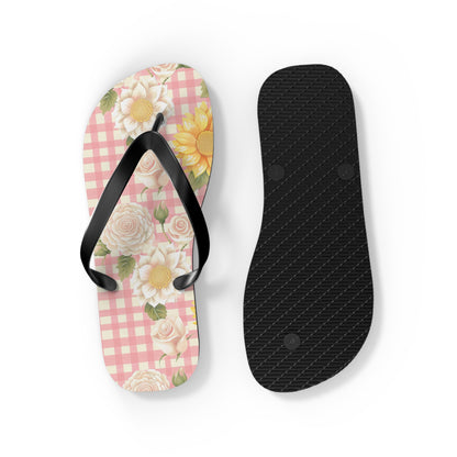 Sweet Bright Pink Gingham Floral Flip Flops - Cottage Garden Decor