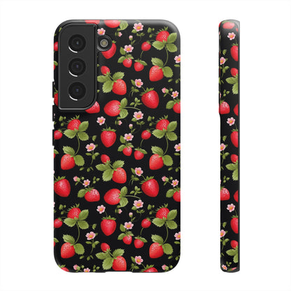 Strawberry's and Pink Flowers on Black Tough Phone Case - Cottage Garden Decor