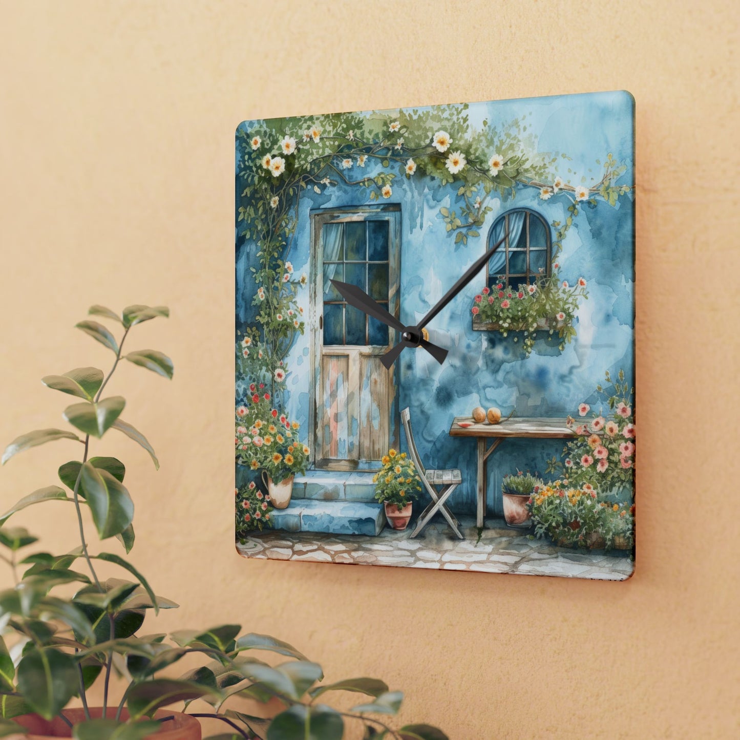 Blue Cottage Back Door Acrylic Wall Clock - Cottage Garden Decor