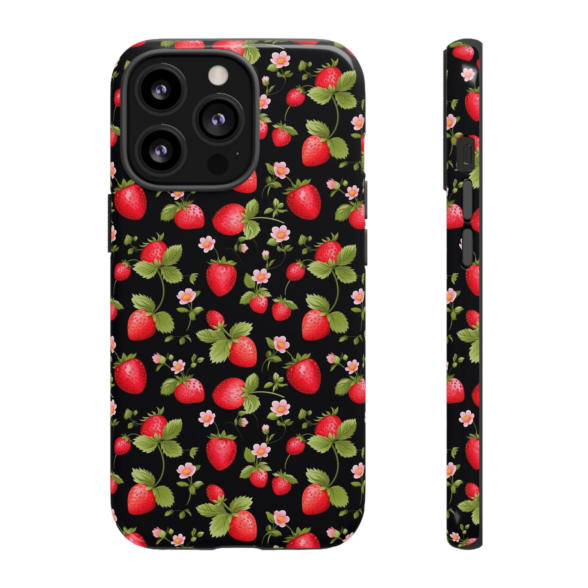 Strawberry's and Pink Flowers on Black Tough Phone Case - Cottage Garden Decor