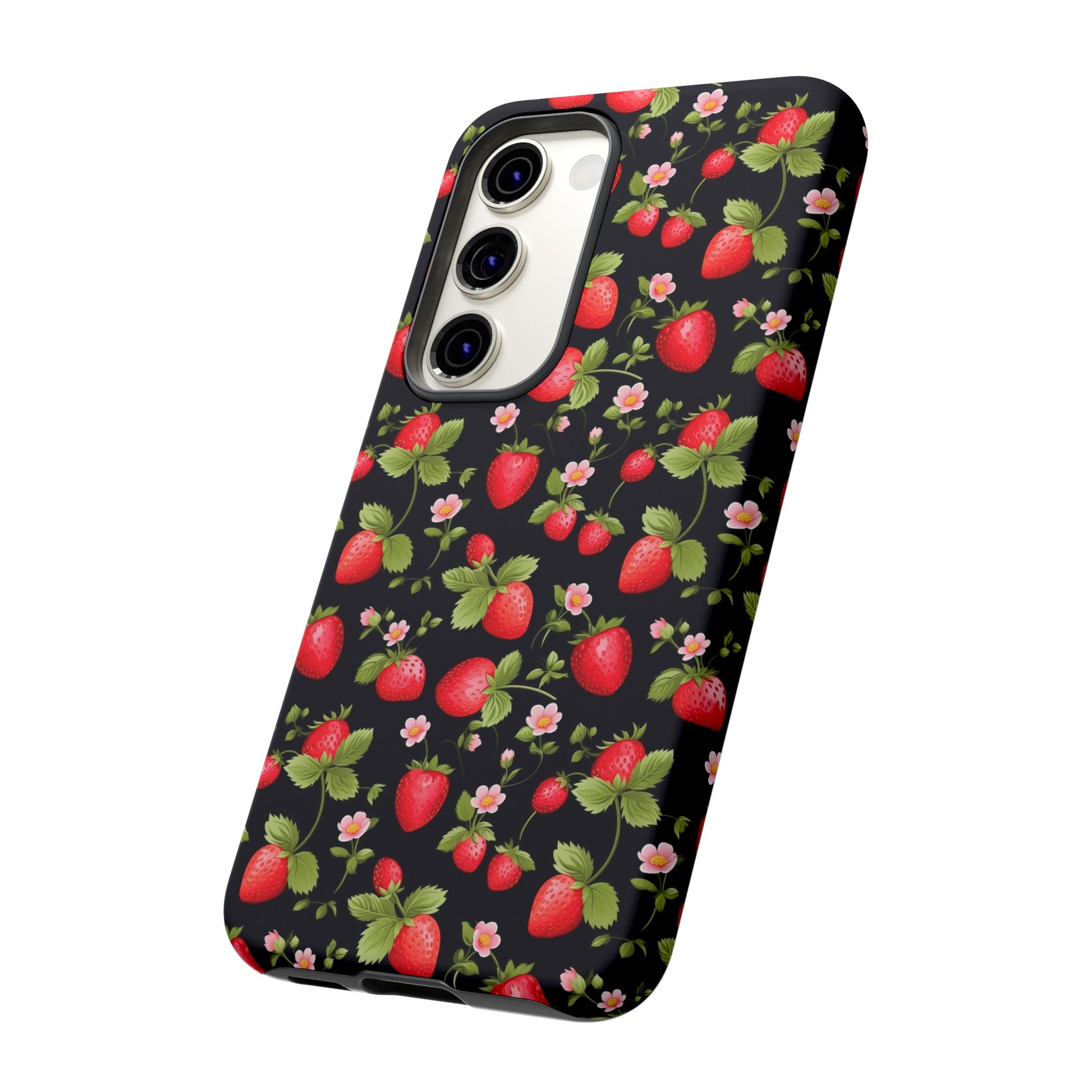 Strawberry's and Pink Flowers on Black Tough Phone Case - Cottage Garden Decor