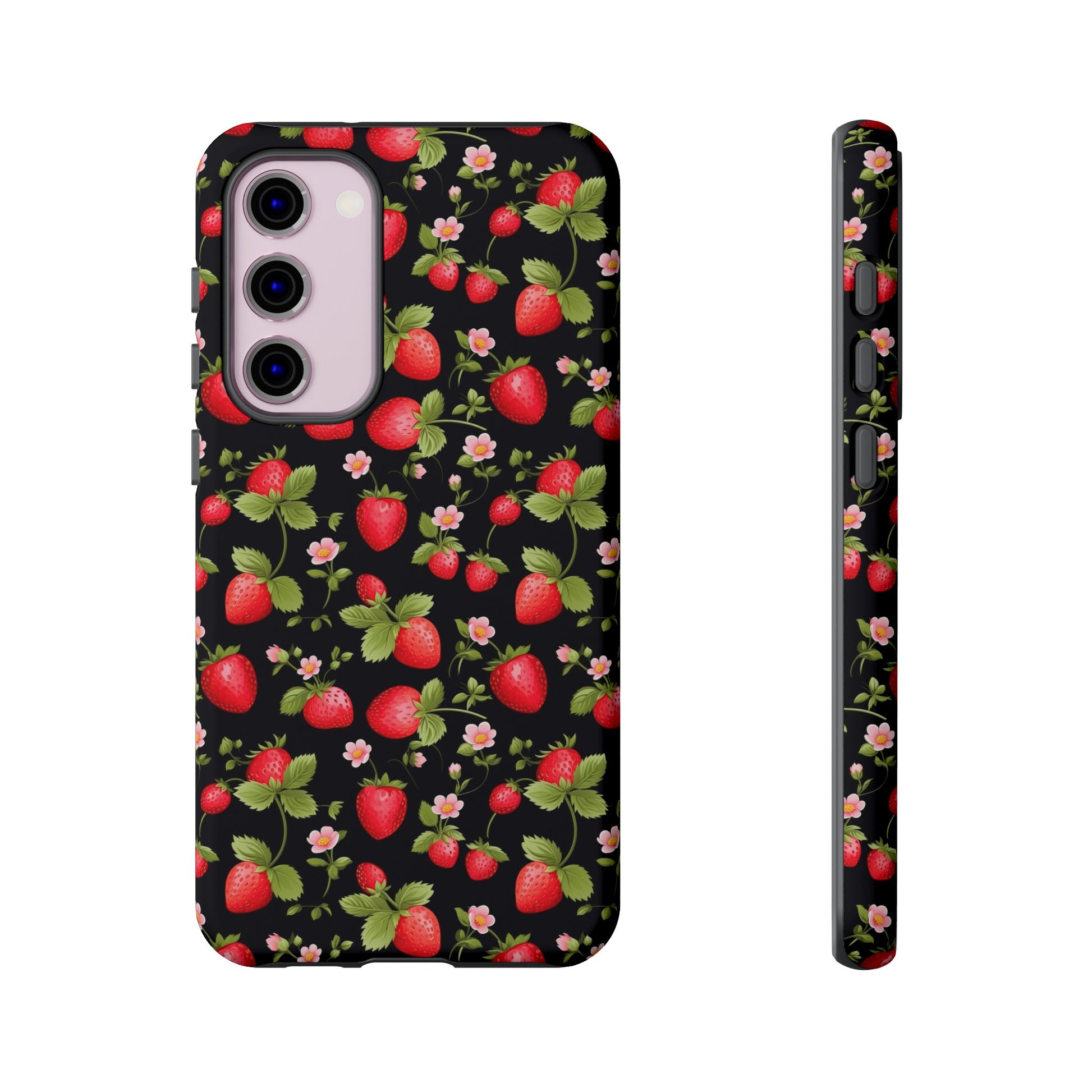 Strawberry's and Pink Flowers on Black Tough Phone Case - Cottage Garden Decor