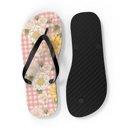 Sweet Bright Pink Gingham Floral Flip Flops - Cottage Garden Decor