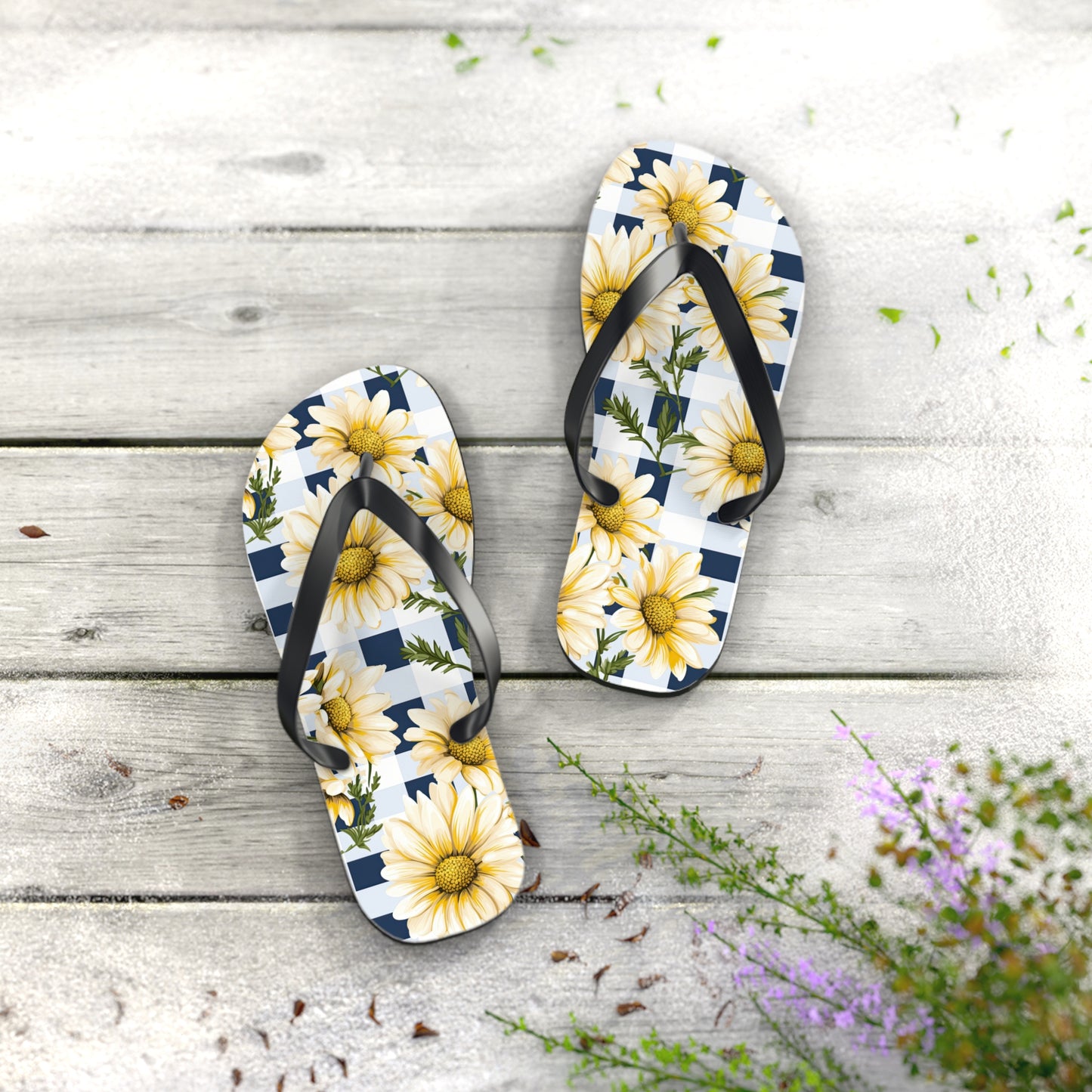 Blue and White Gingham Daisy Flip Flops - Cottage Garden Decor