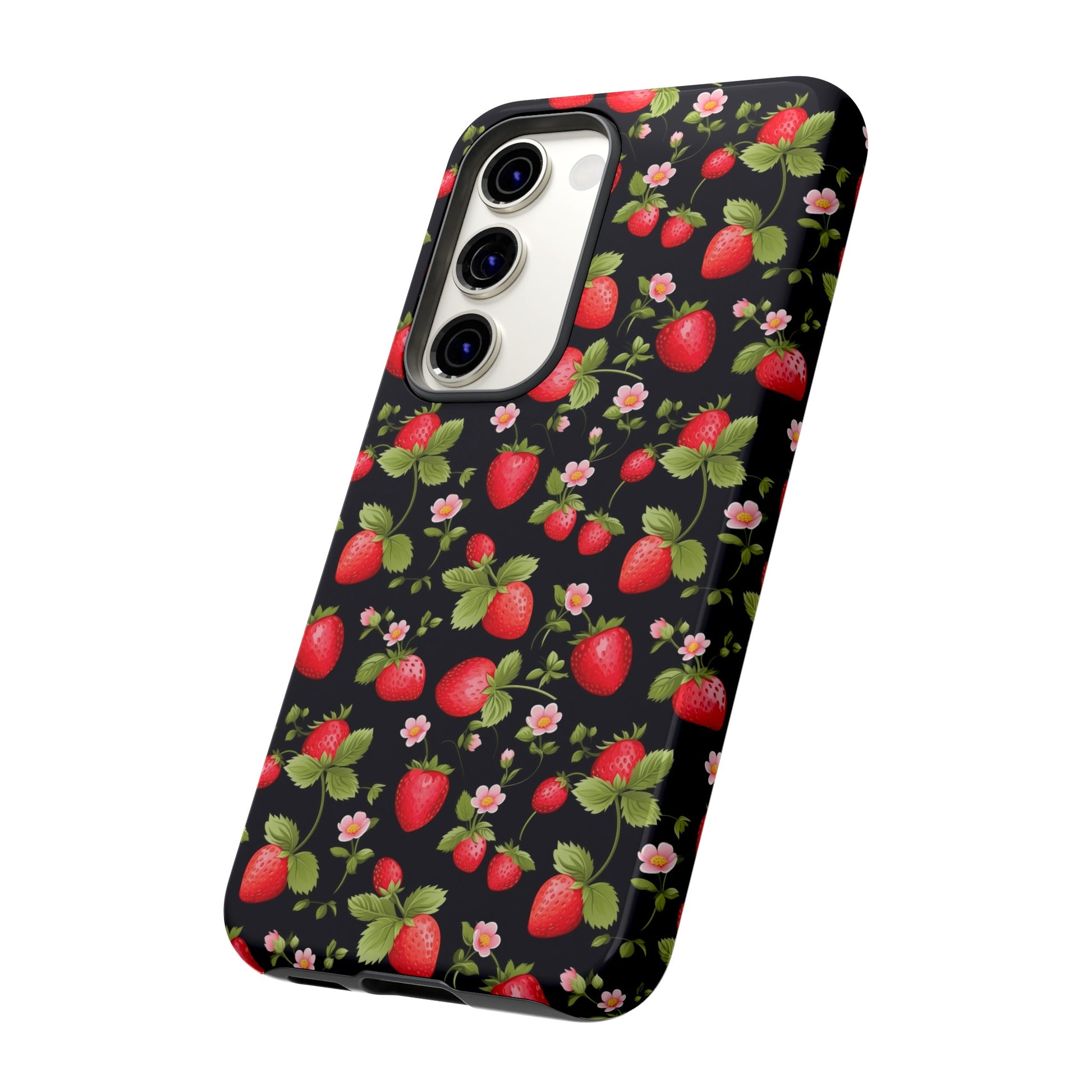 Strawberry's and Pink Flowers on Black Tough Phone Case - Cottage Garden Decor