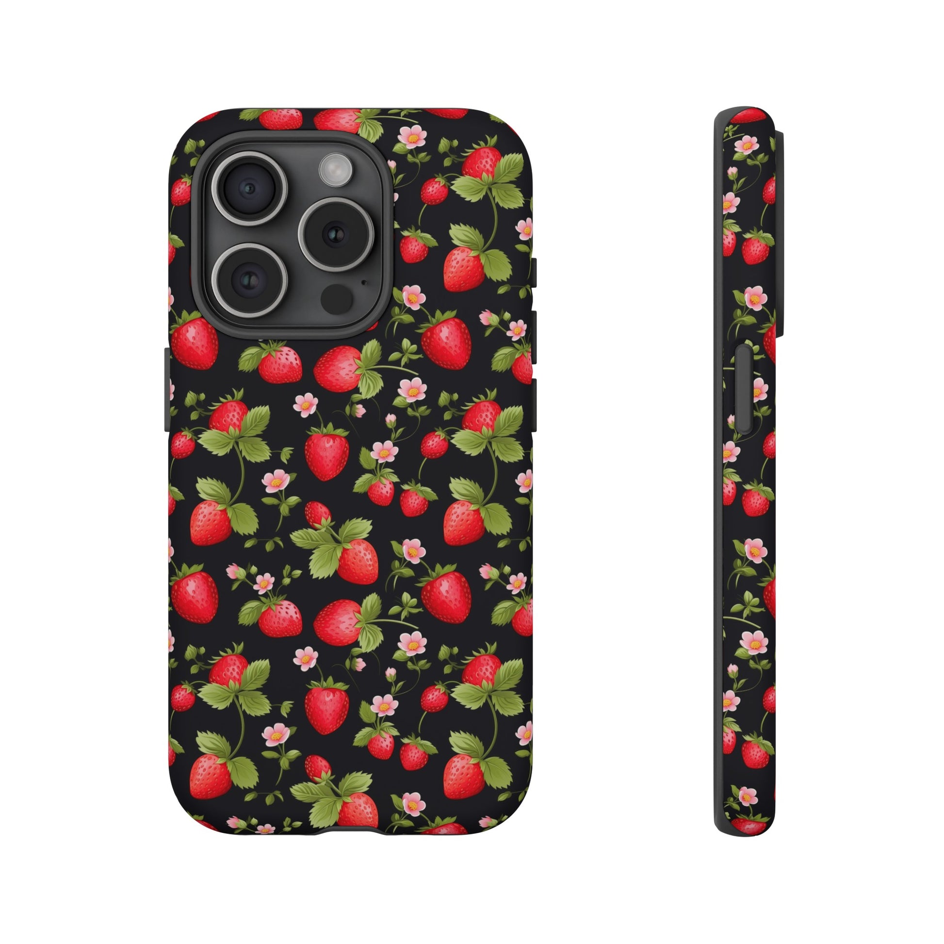 Strawberry's and Pink Flowers on Black Tough Phone Case - Cottage Garden Decor