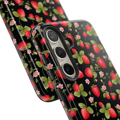 Strawberry's and Pink Flowers on Black Tough Phone Case - Cottage Garden Decor