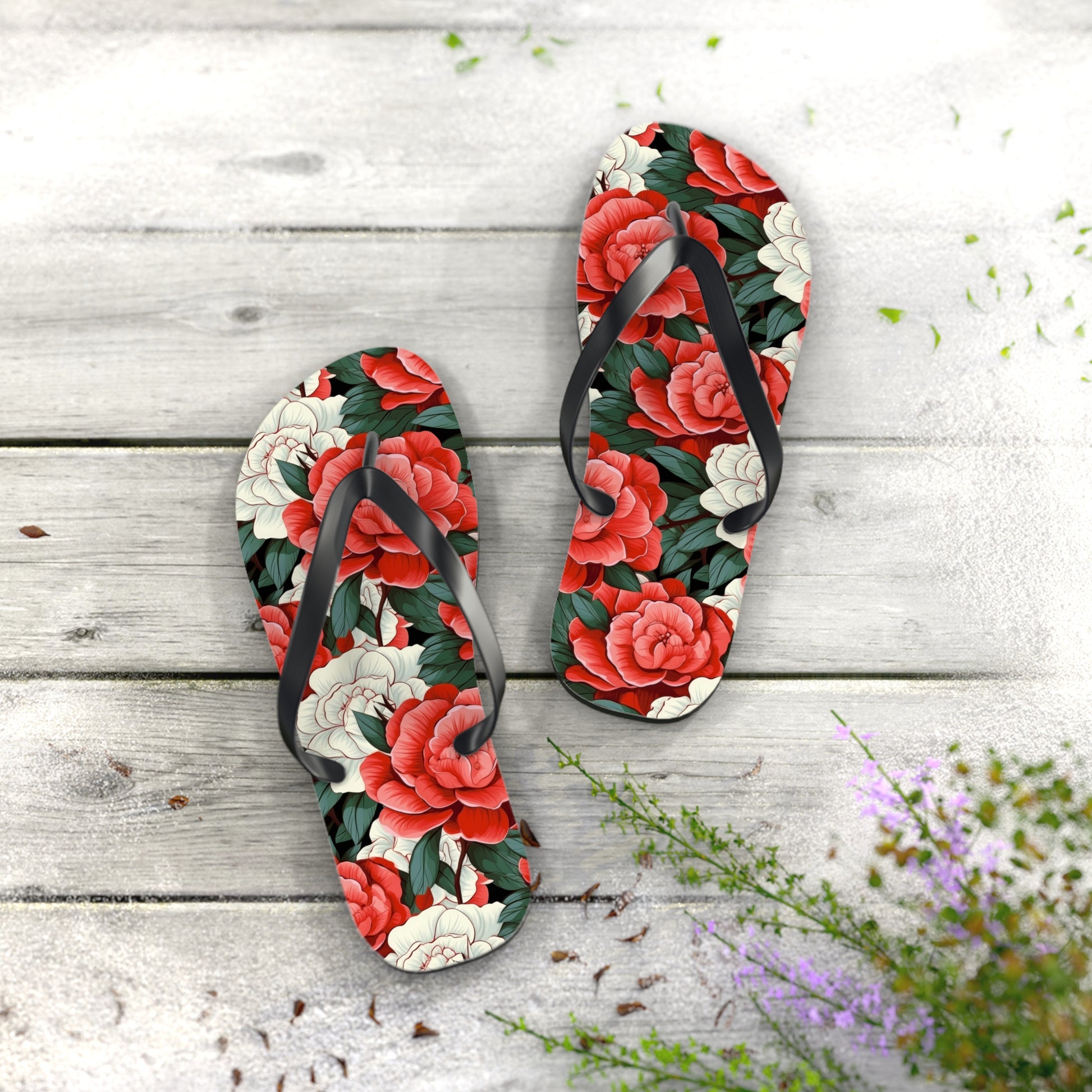 Charming Red and White Rose Flip Flops - Cottage Garden Decor