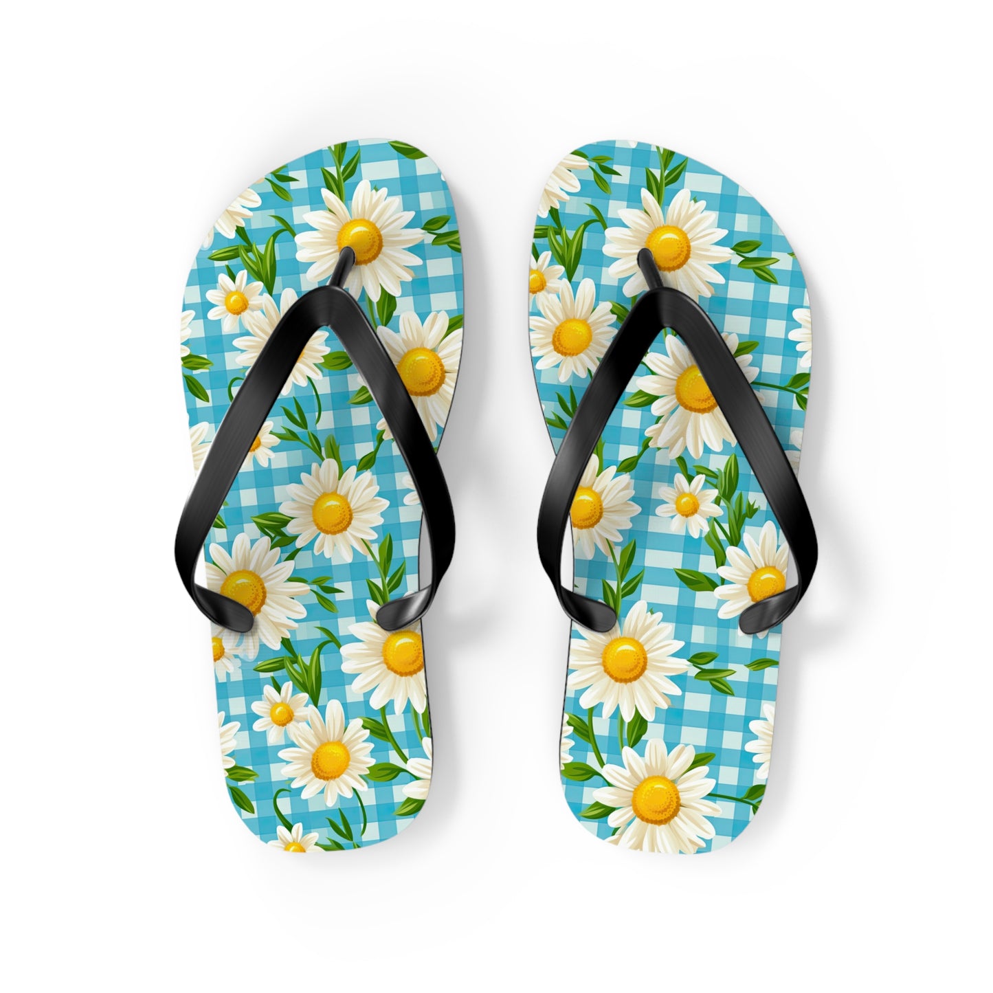 Bright Blue Gingham and Daisy's Flip Flops - Cottage Garden Decor