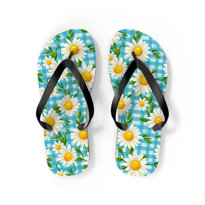 Bright Blue Gingham and Daisy's Flip Flops - Cottage Garden Decor