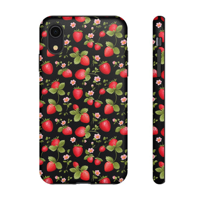 Strawberry's and Pink Flowers on Black Tough Phone Case - Cottage Garden Decor