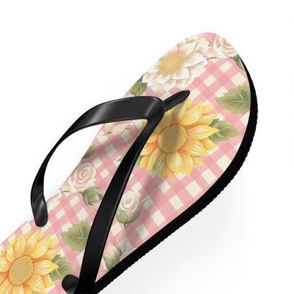 Sweet Bright Pink Gingham Floral Flip Flops - Cottage Garden Decor