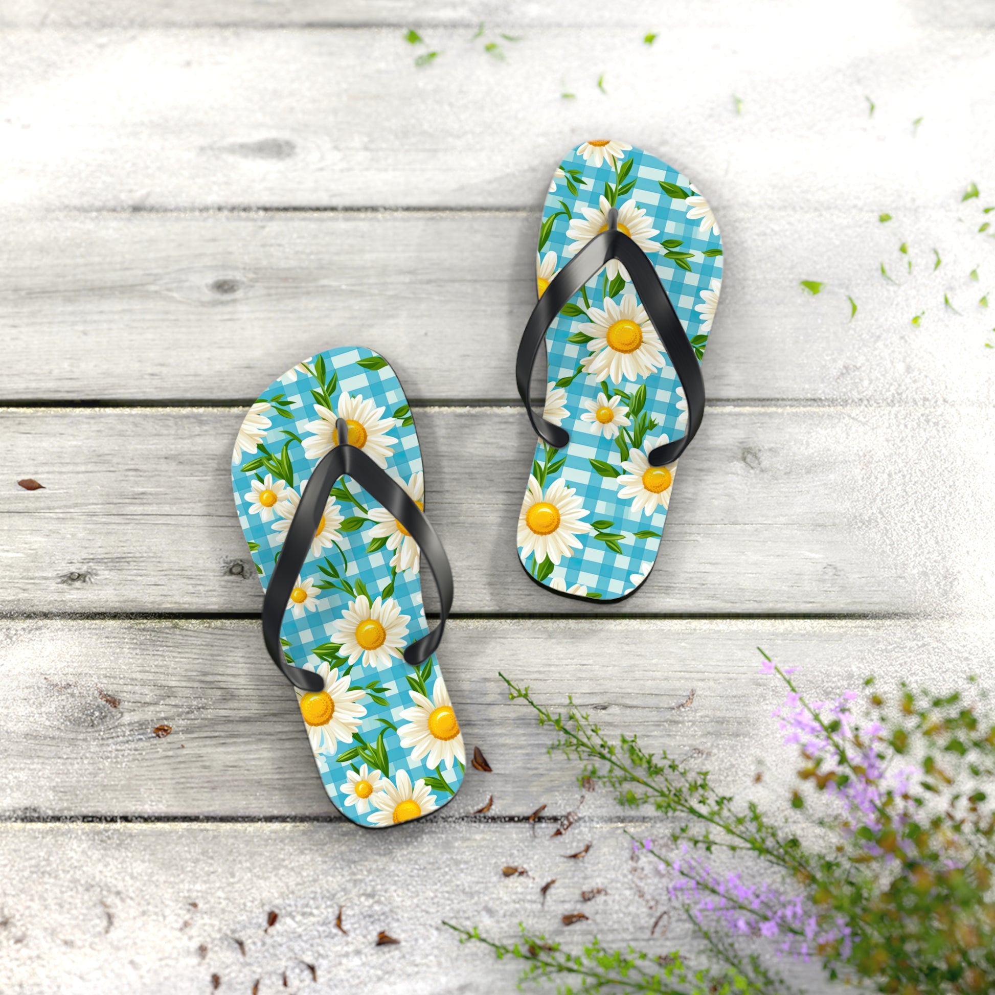 Bright Blue Gingham and Daisy's Flip Flops - Cottage Garden Decor