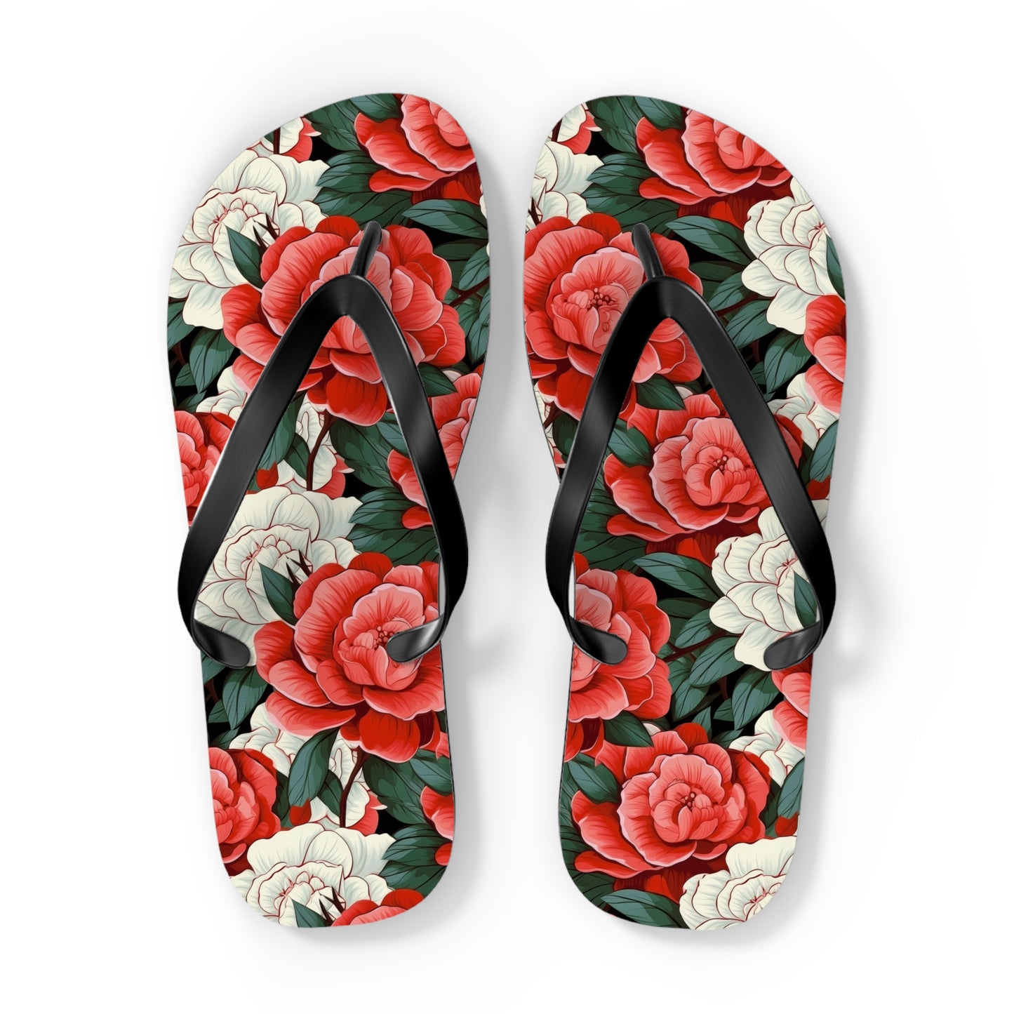 Charming Red and White Rose Flip Flops - Cottage Garden Decor