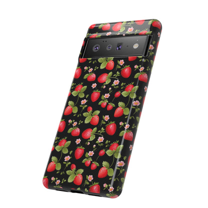 Strawberry's and Pink Flowers on Black Tough Phone Case - Cottage Garden Decor