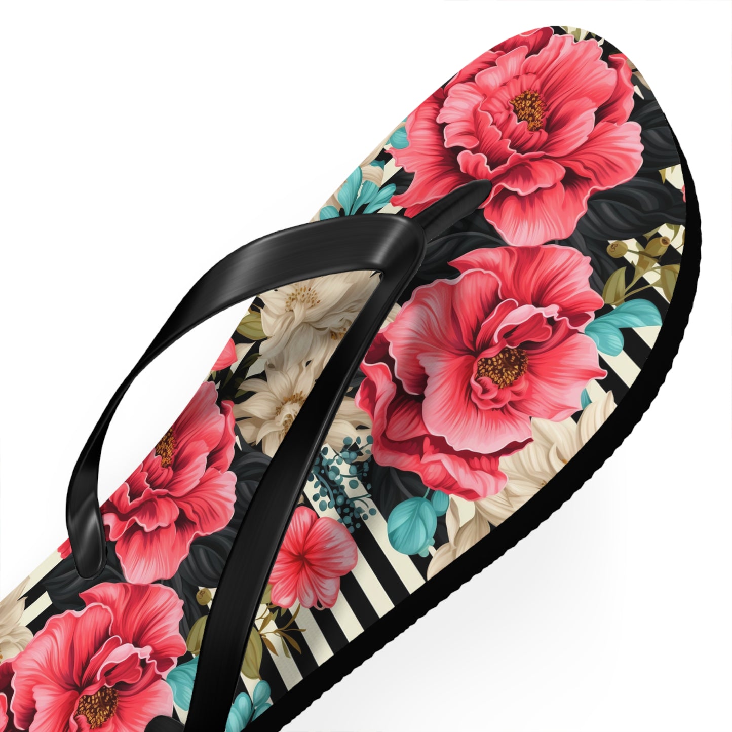 Stripes and Pink Roses Flip Flops - Cottage Garden Decor