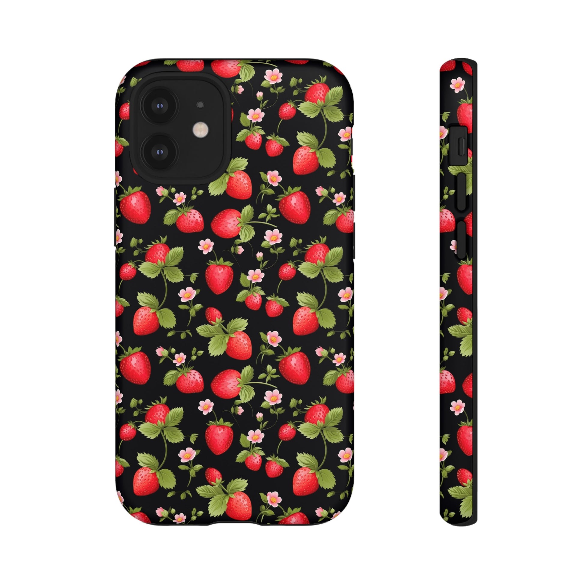 Strawberry's and Pink Flowers on Black Tough Phone Case - Cottage Garden Decor