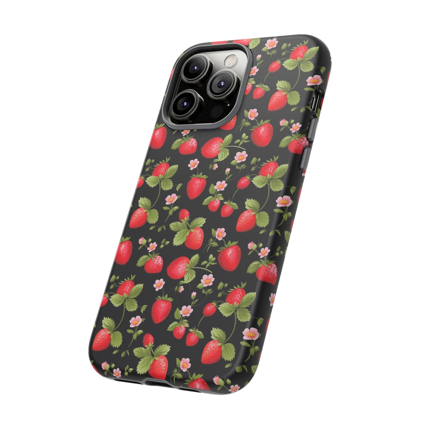 Strawberry's and Pink Flowers on Black Tough Phone Case - Cottage Garden Decor