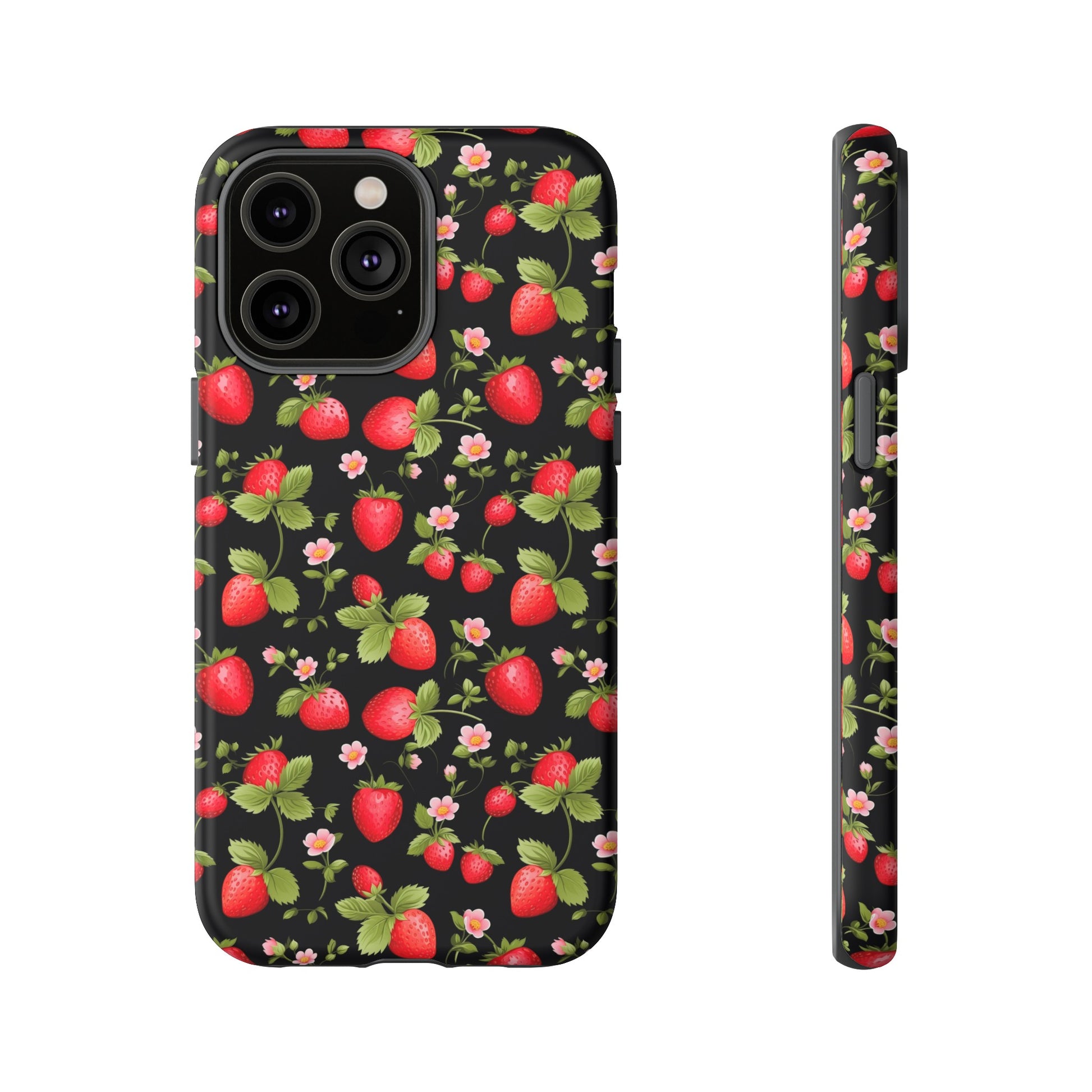 Strawberry's and Pink Flowers on Black Tough Phone Case - Cottage Garden Decor