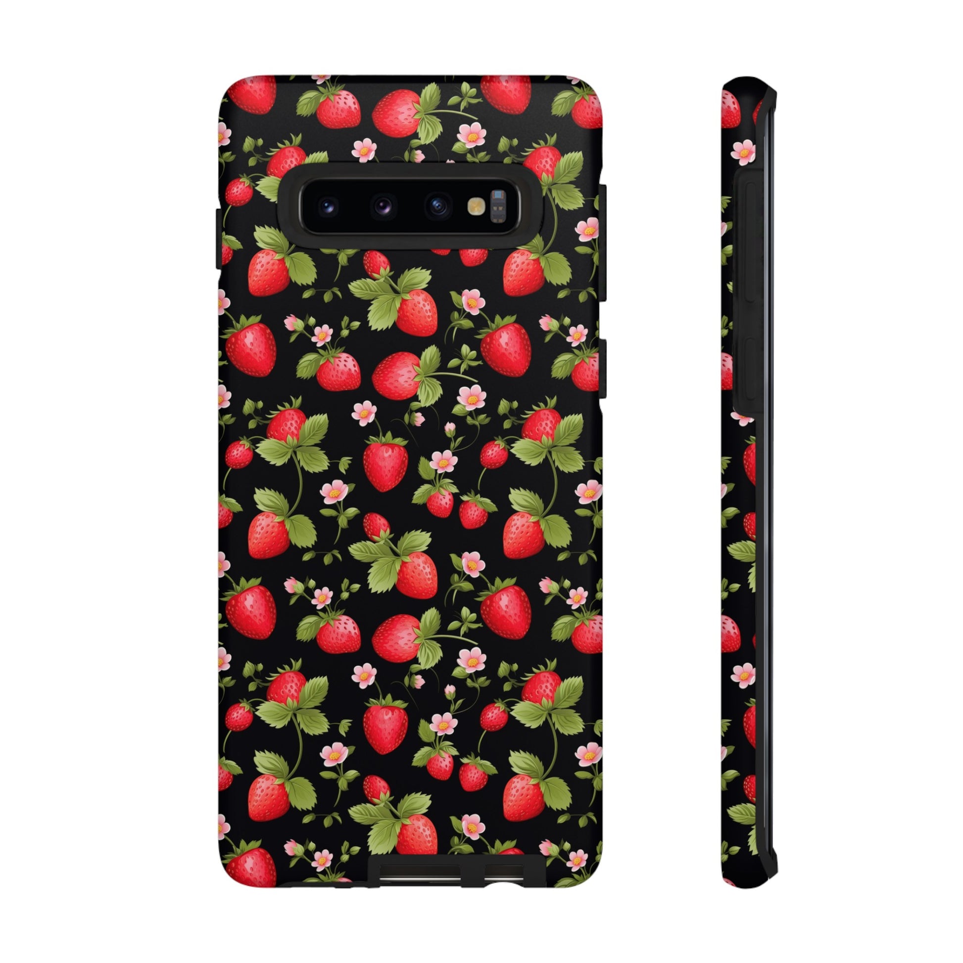 Strawberry's and Pink Flowers on Black Tough Phone Case - Cottage Garden Decor