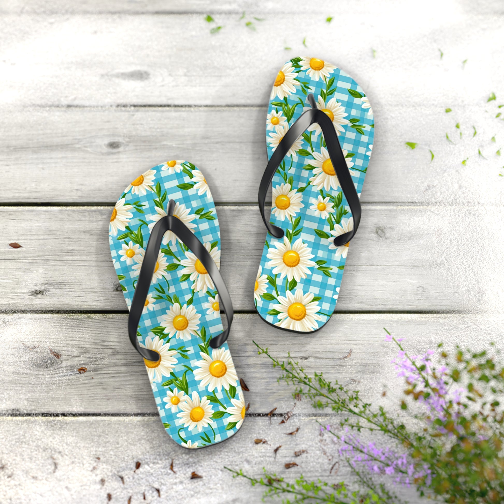 Bright Blue Gingham and Daisy's Flip Flops - Cottage Garden Decor