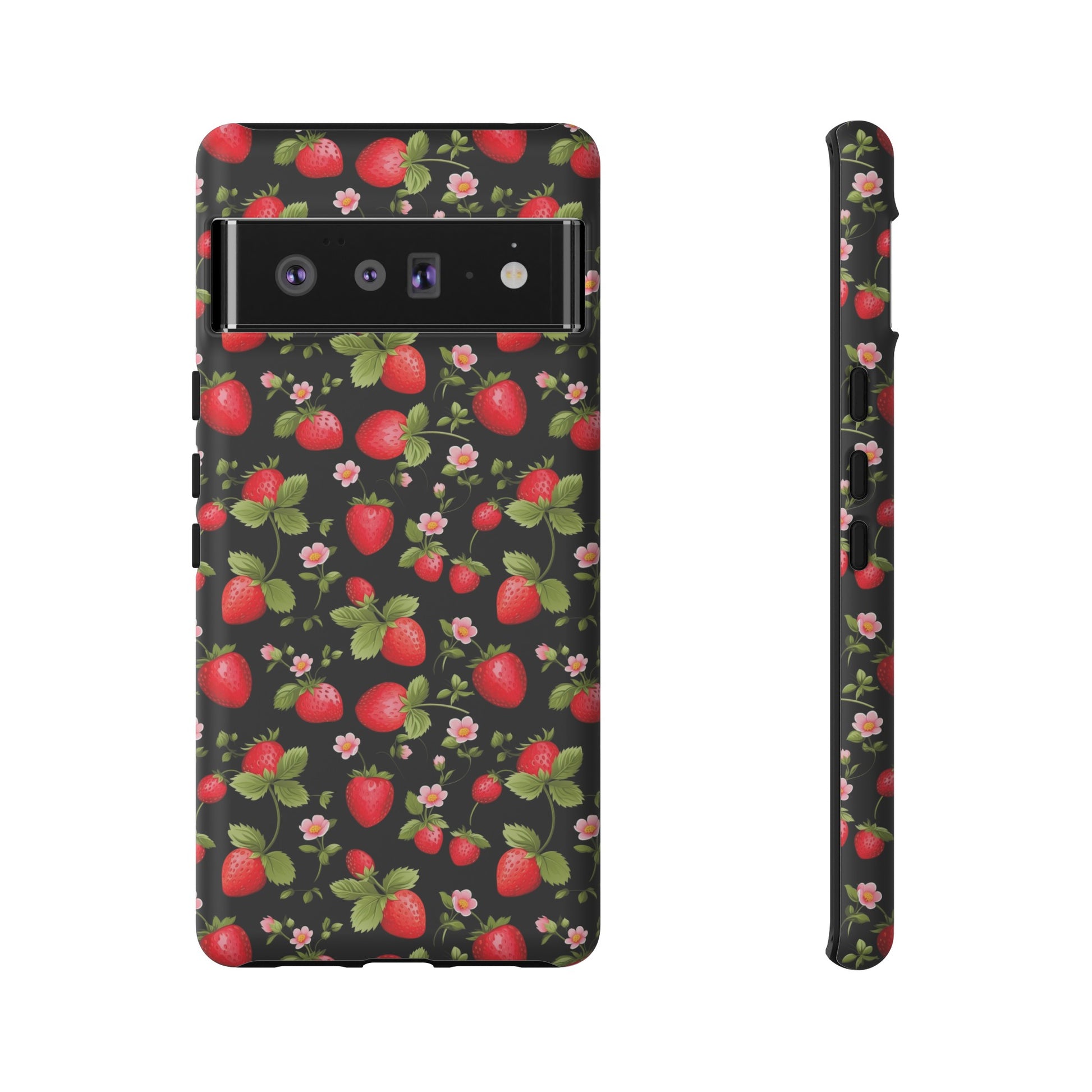 Strawberry's and Pink Flowers on Black Tough Phone Case - Cottage Garden Decor