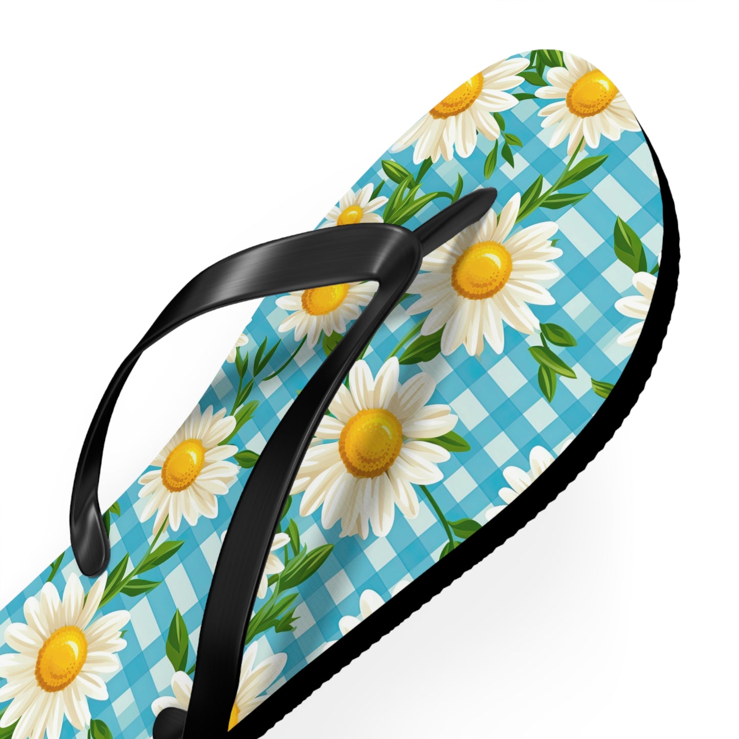 Bright Blue Gingham and Daisy's Flip Flops - Cottage Garden Decor