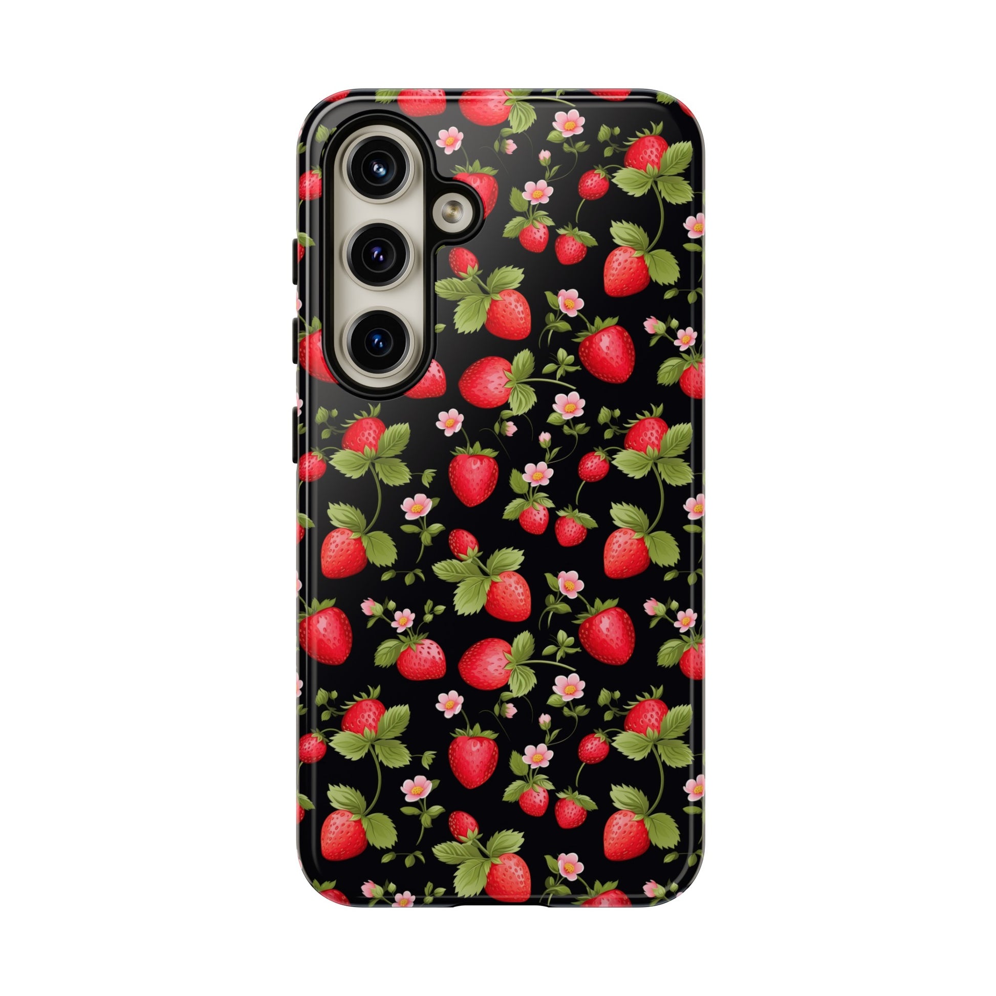 Strawberry's and Pink Flowers on Black Tough Phone Case - Cottage Garden Decor