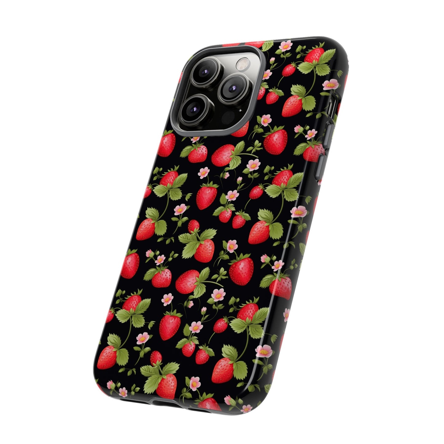 Strawberry's and Pink Flowers on Black Tough Phone Case - Cottage Garden Decor