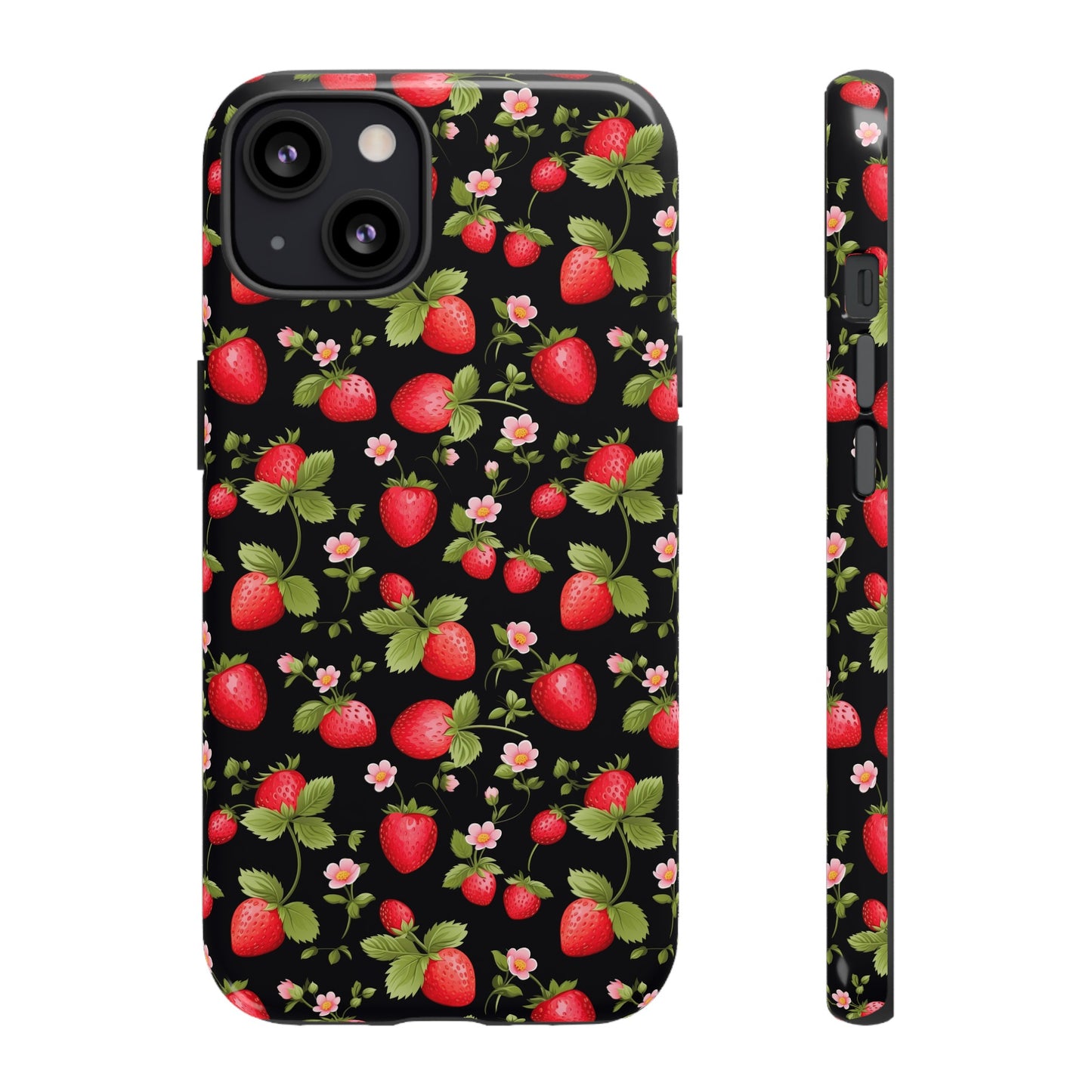 Strawberry's and Pink Flowers on Black Tough Phone Case - Cottage Garden Decor