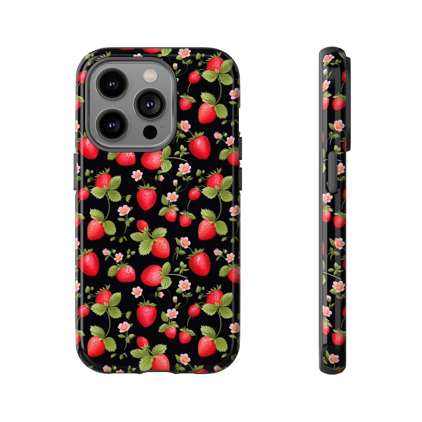 Strawberry's and Pink Flowers on Black Tough Phone Case - Cottage Garden Decor