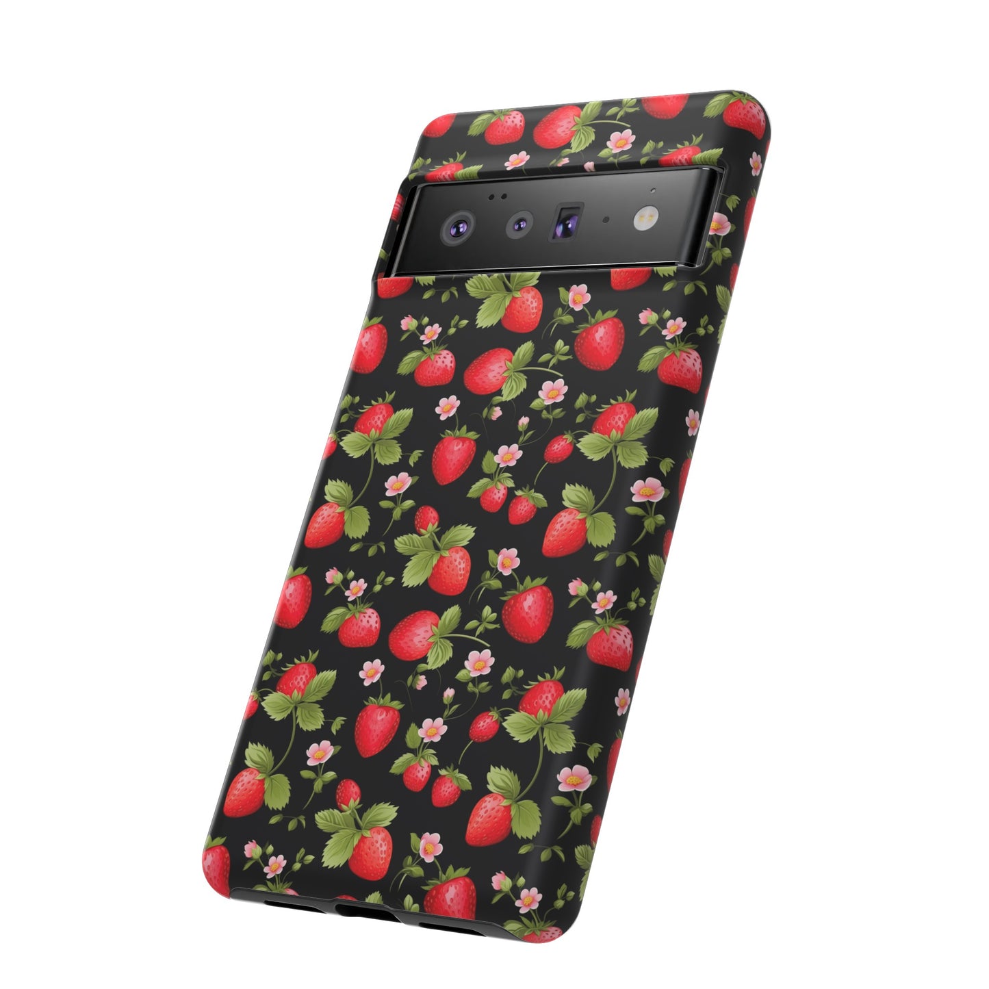 Strawberry's and Pink Flowers on Black Tough Phone Case - Cottage Garden Decor