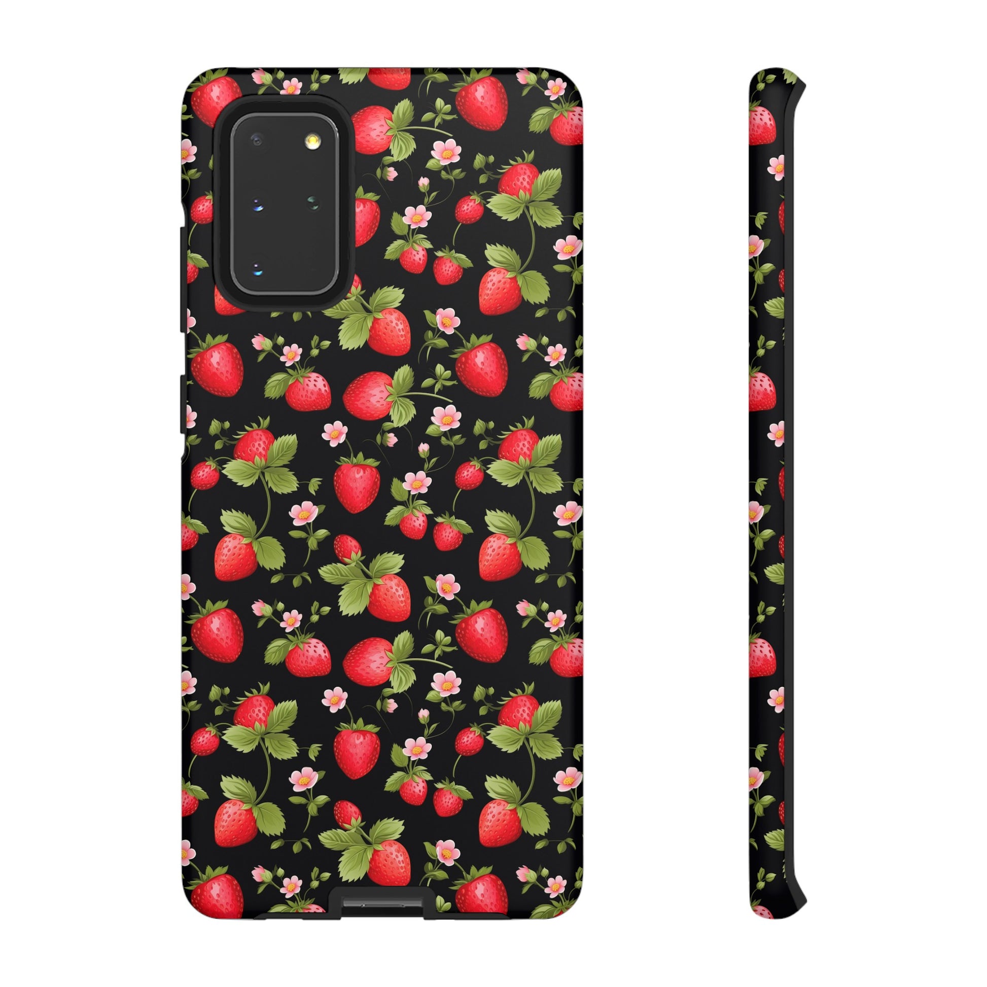 Strawberry's and Pink Flowers on Black Tough Phone Case - Cottage Garden Decor