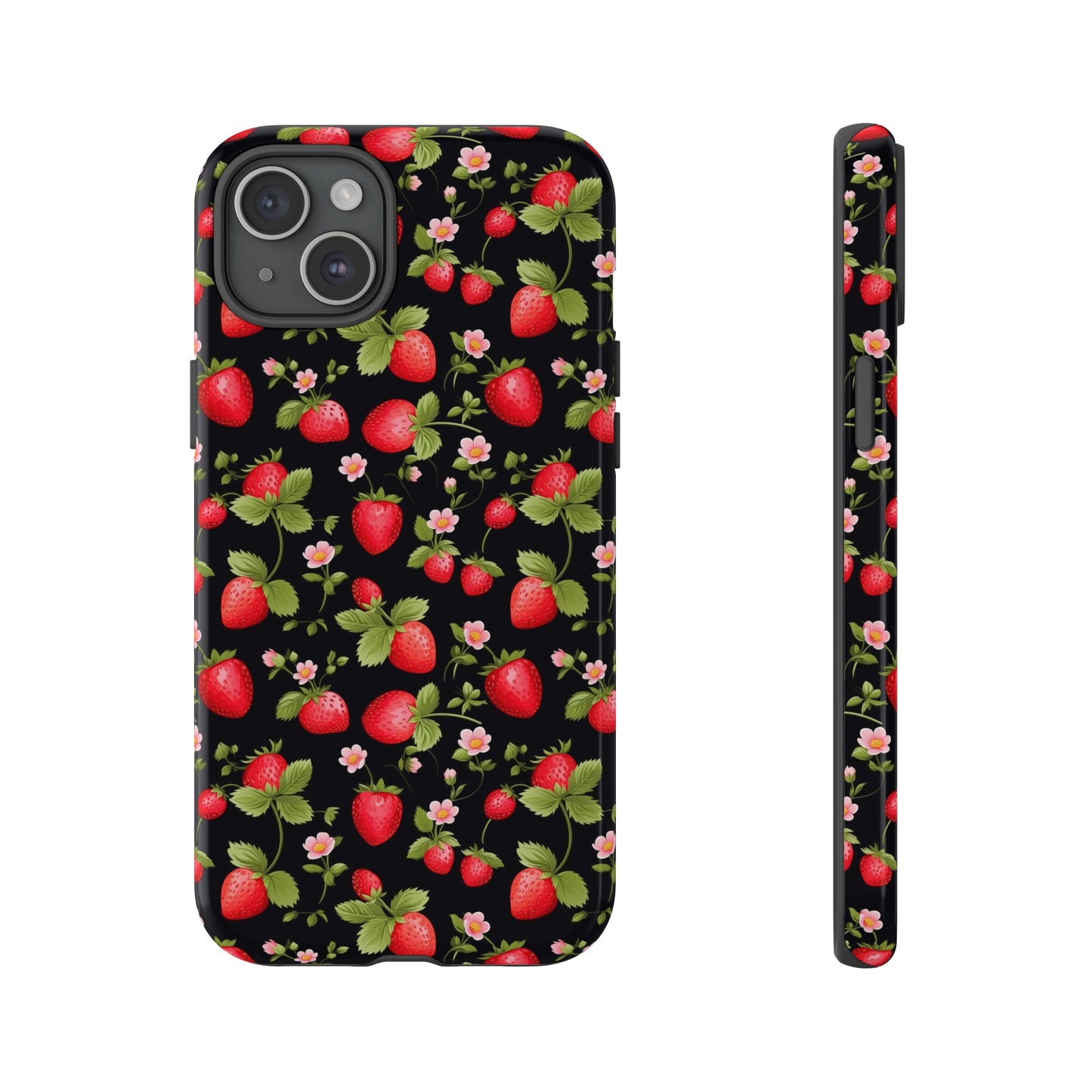 Strawberry's and Pink Flowers on Black Tough Phone Case - Cottage Garden Decor