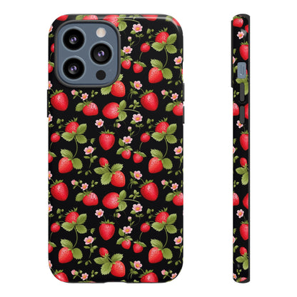 Strawberry's and Pink Flowers on Black Tough Phone Case - Cottage Garden Decor