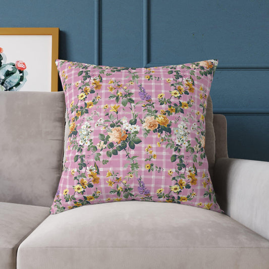 Pink Gingham Floral Pattern Cushion: A Whimsical Delight - Cottage Garden Decor