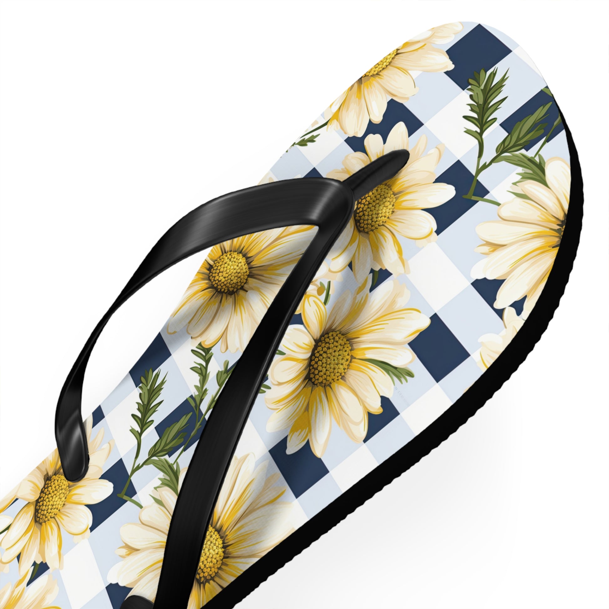 Blue and White Gingham Daisy Flip Flops - Cottage Garden Decor