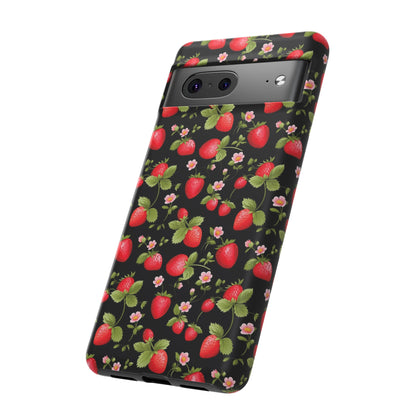 Strawberry's and Pink Flowers on Black Tough Phone Case - Cottage Garden Decor