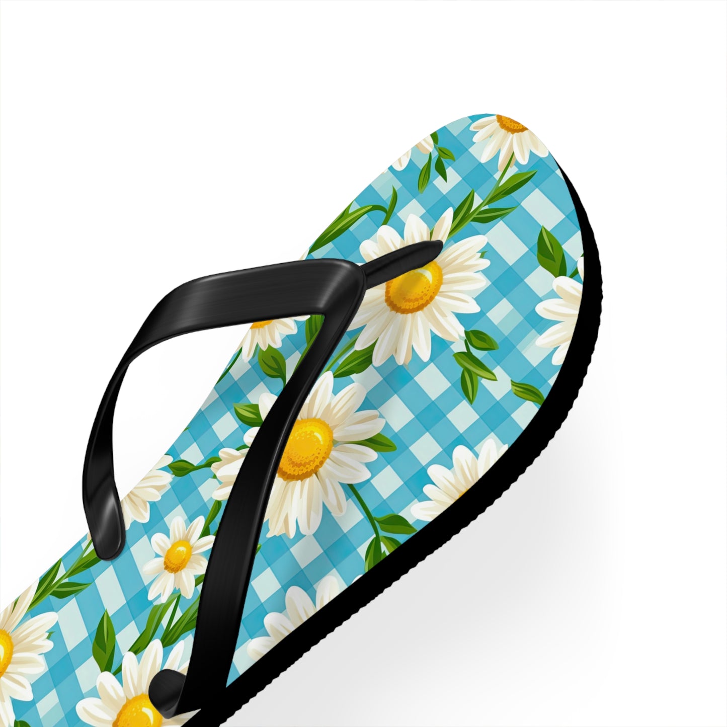 Bright Blue Gingham and Daisy's Flip Flops - Cottage Garden Decor