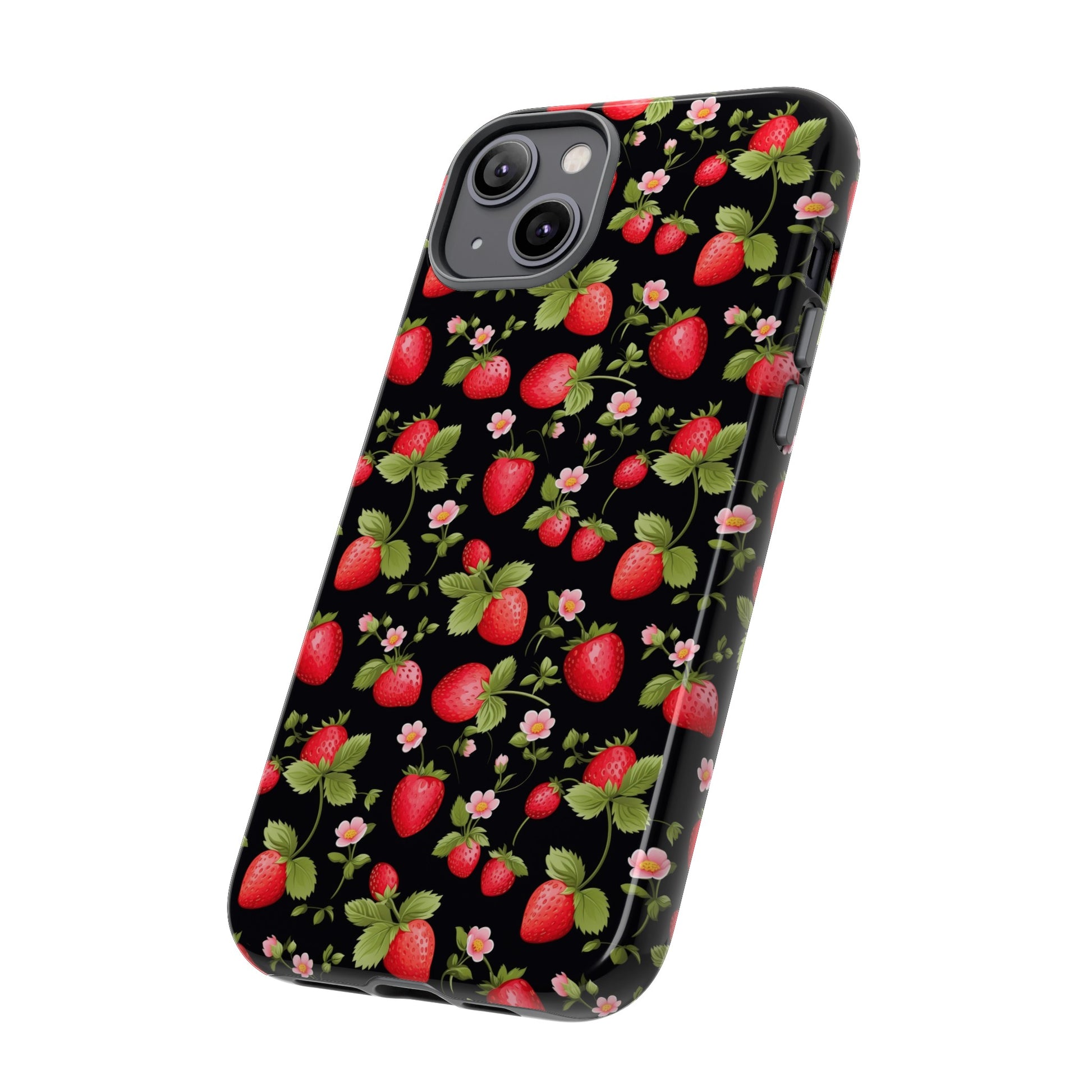 Strawberry's and Pink Flowers on Black Tough Phone Case - Cottage Garden Decor