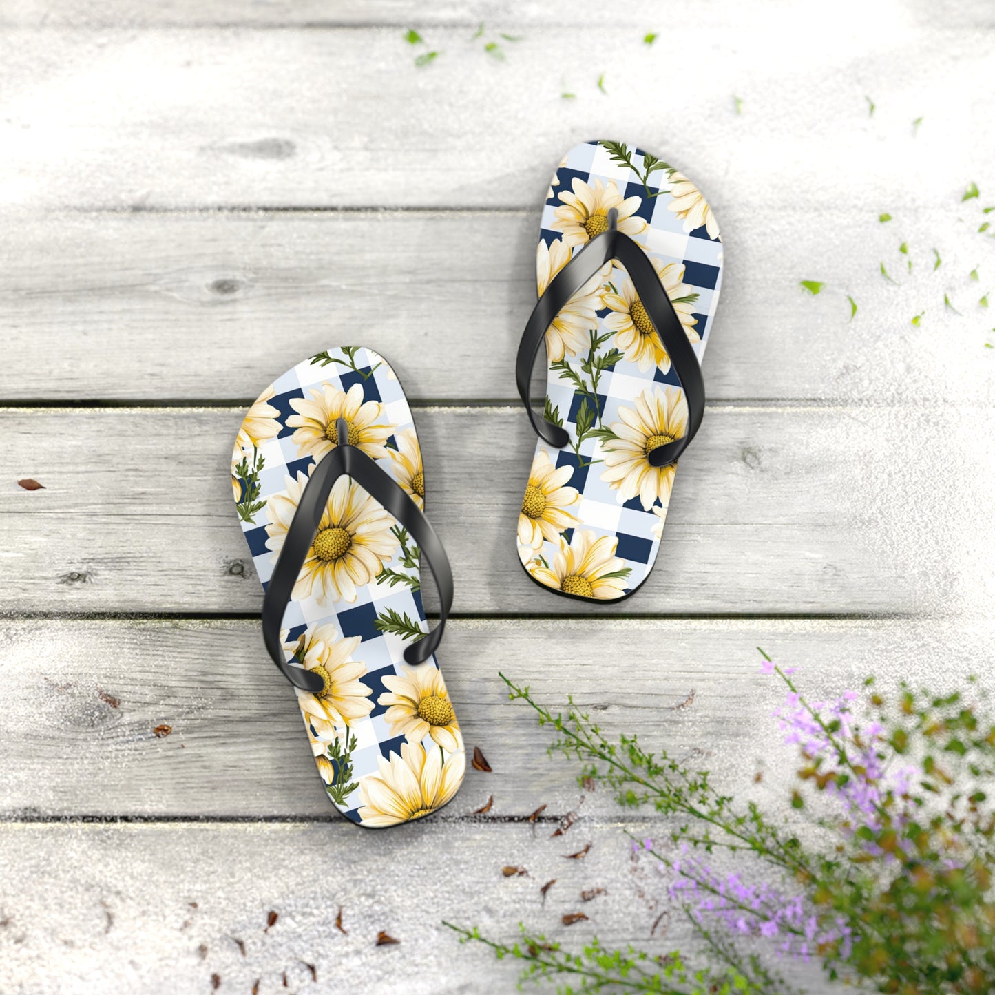 Blue and White Gingham Daisy Flip Flops - Cottage Garden Decor