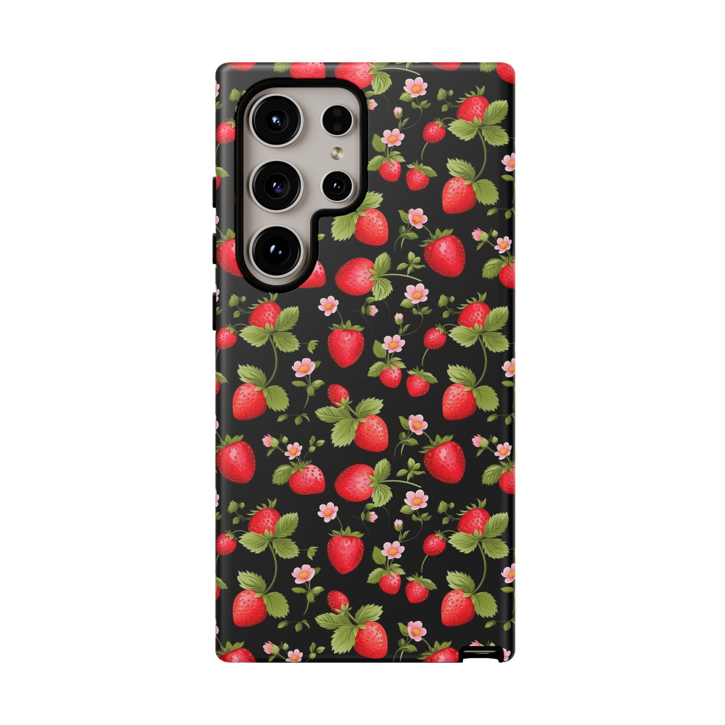 Strawberry's and Pink Flowers on Black Tough Phone Case - Cottage Garden Decor