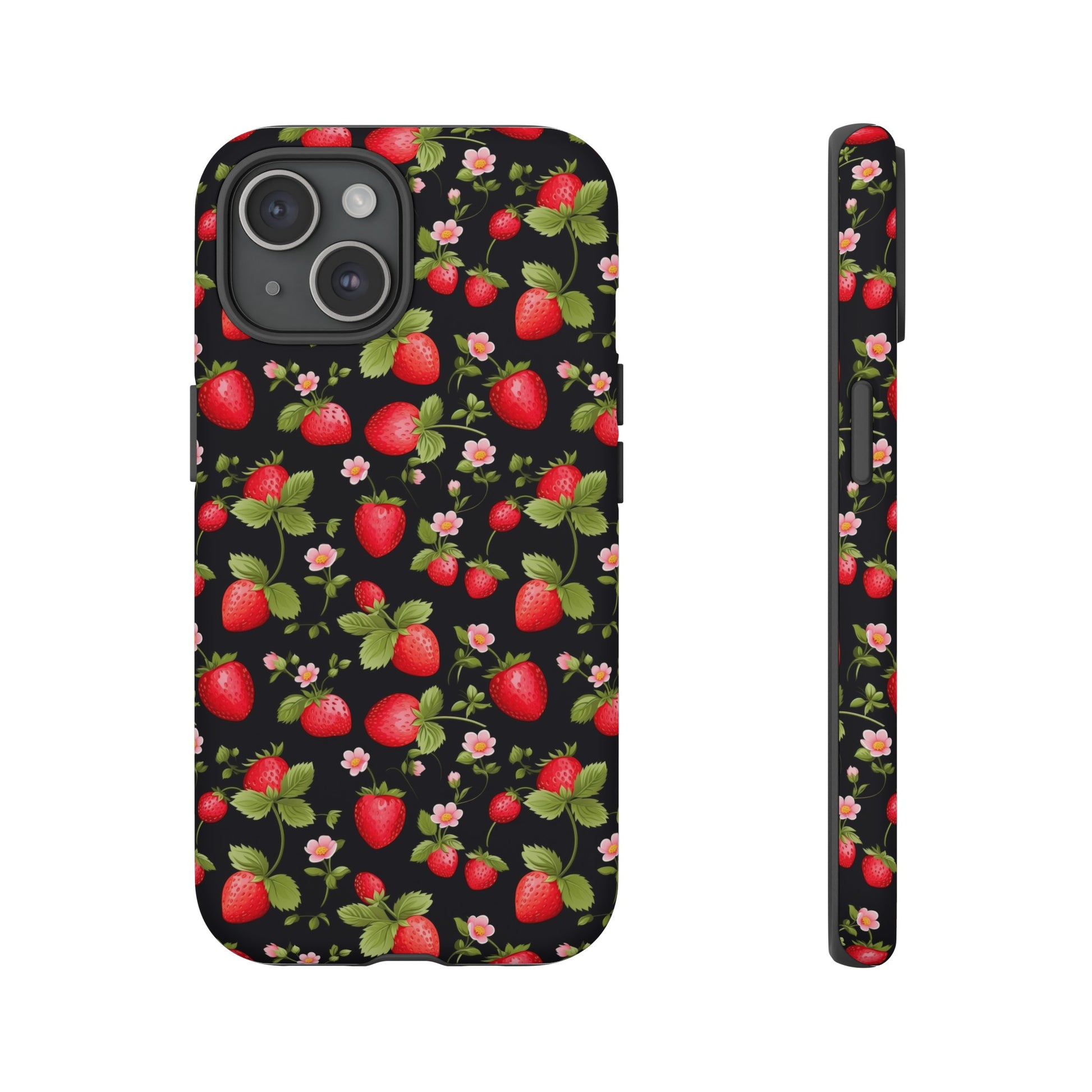 Strawberry's and Pink Flowers on Black Tough Phone Case - Cottage Garden Decor