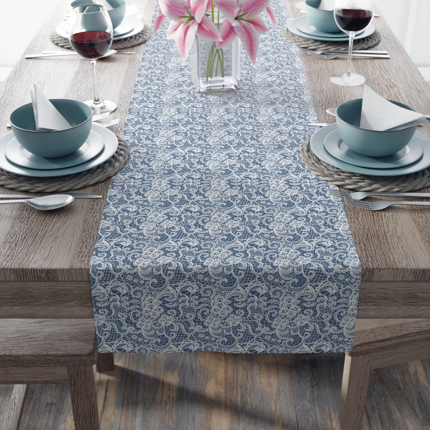 Blue lace print Table Runner (Cotton, Poly) - Cottage Garden Decor