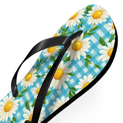 Bright Blue Gingham and Daisy's Flip Flops - Cottage Garden Decor