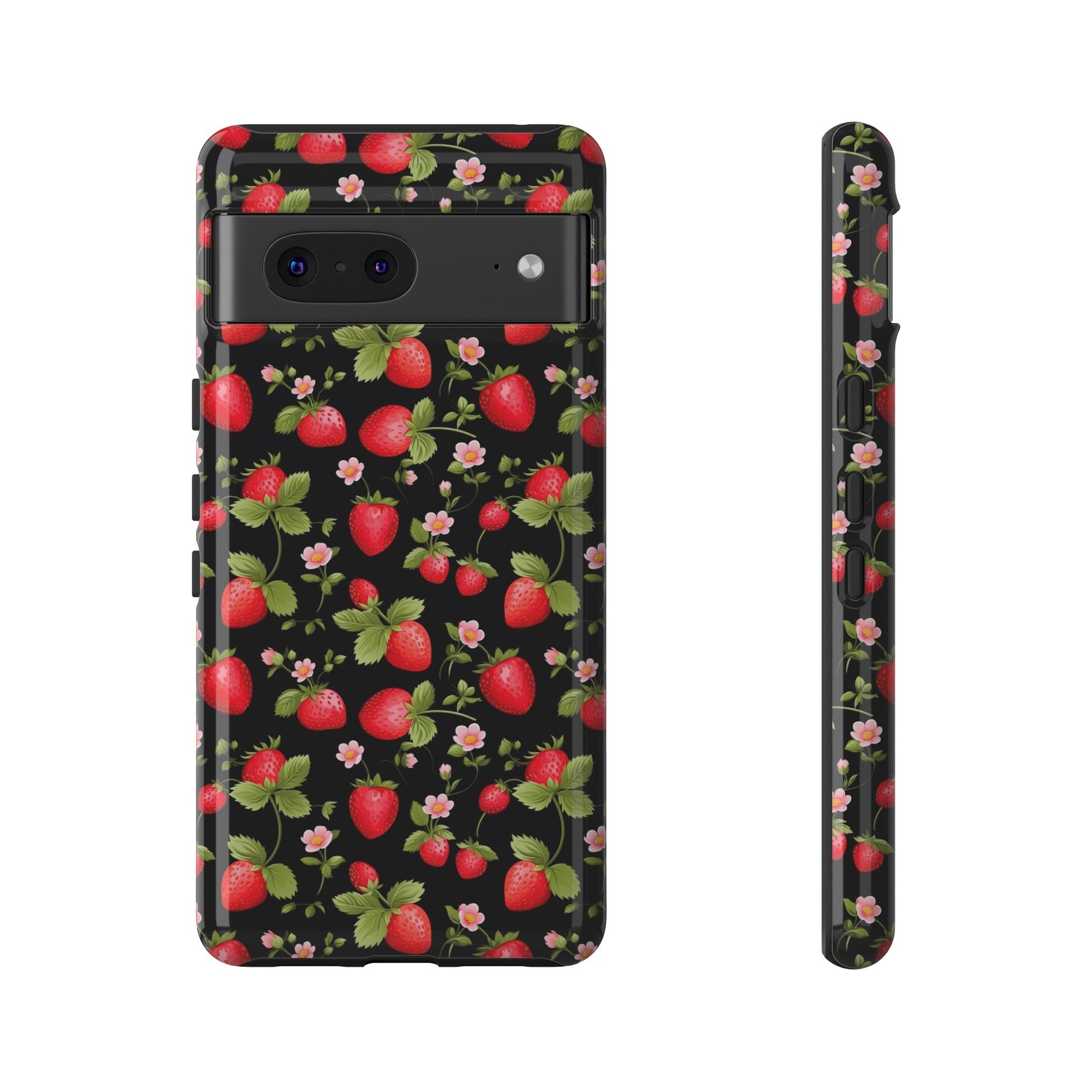 Strawberry's and Pink Flowers on Black Tough Phone Case - Cottage Garden Decor