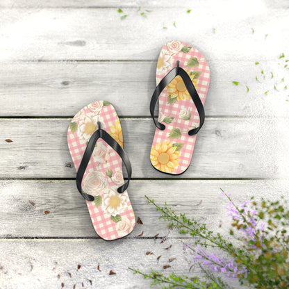 Sweet Bright Pink Gingham Floral Flip Flops - Cottage Garden Decor