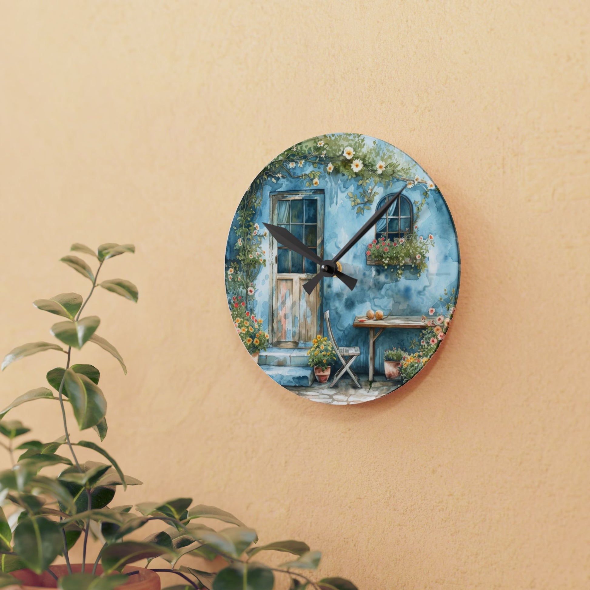 Blue Cottage Back Door Acrylic Wall Clock - Cottage Garden Decor